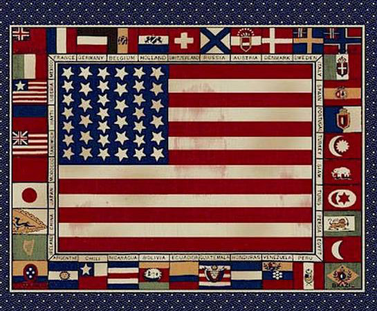 American flags with various symbols and designs on a blue starry background.