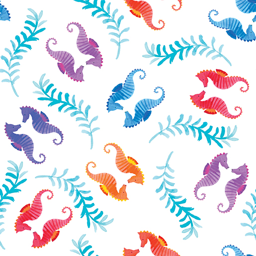 Benartex Swim With Me Seahorses White Fabric