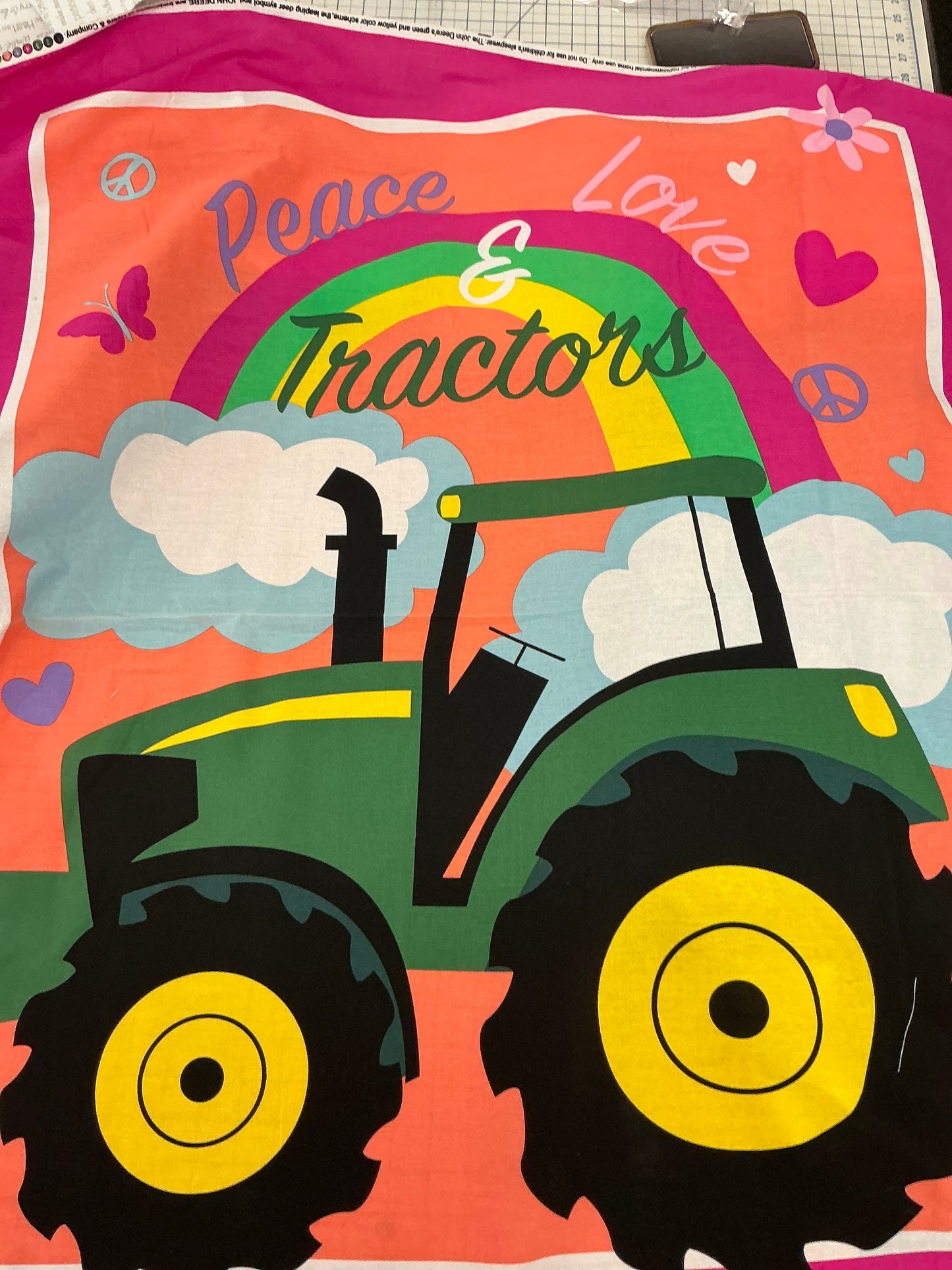 Peace Love and Tractors Panel Fabric