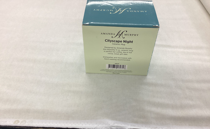 Cityscape Night Ceramic Mug - Black background with purple, green & blue buildings