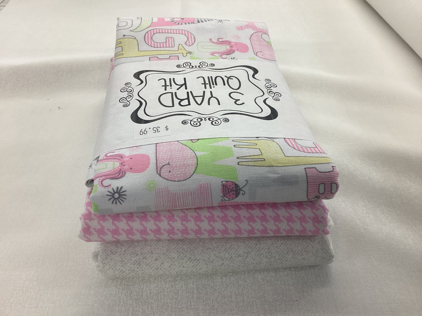 3 yard quilt kit - White background, playful alphabet in pink,green and yellow