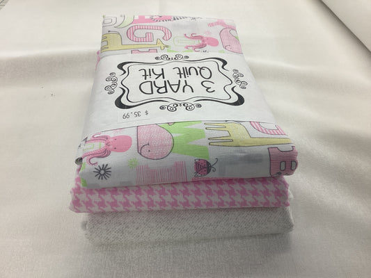 3 yard quilt kit - White background, playful alphabet in pink,green and yellow