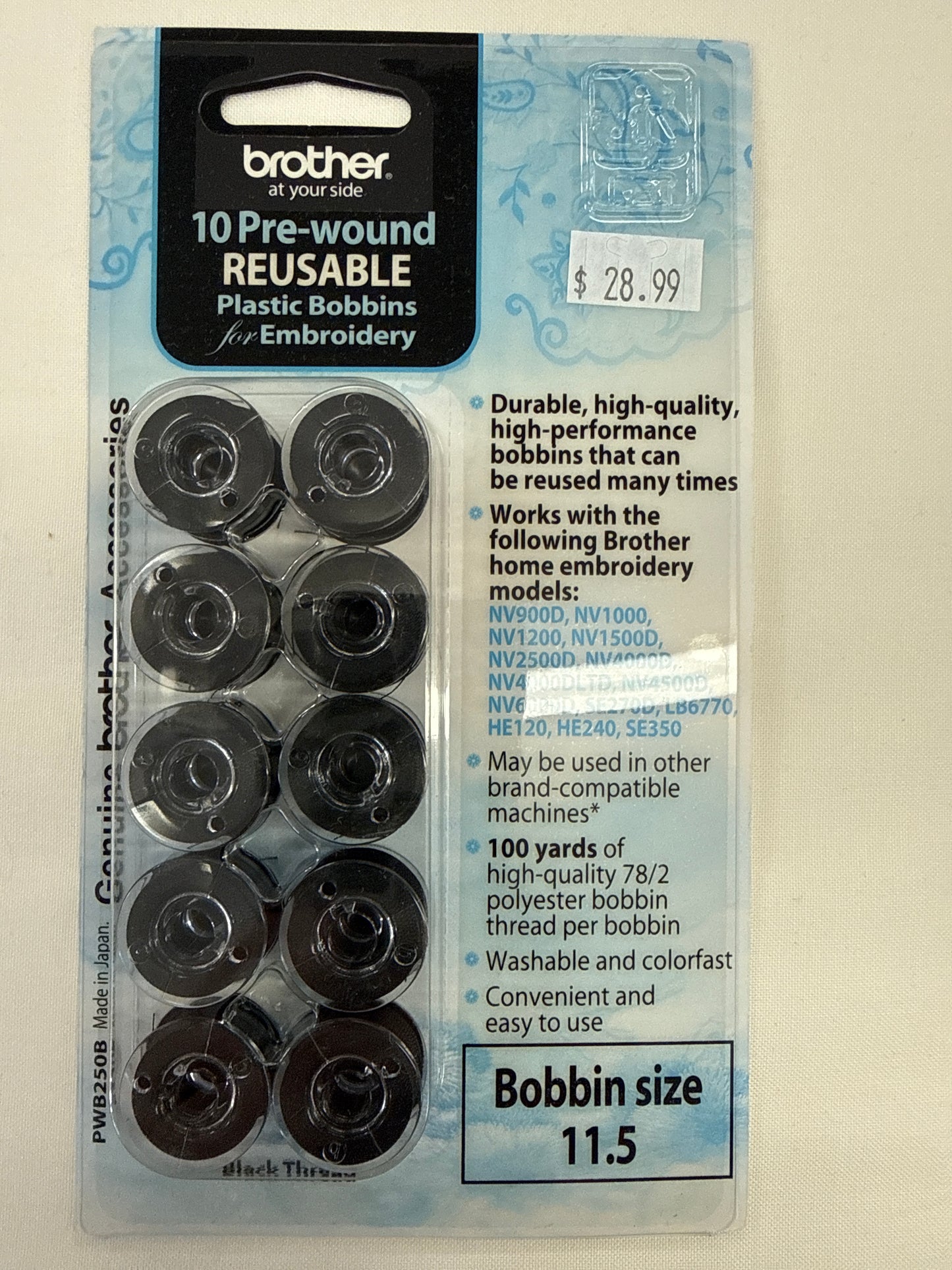 Brother BLACK pre-wound reusable plastic bobbins