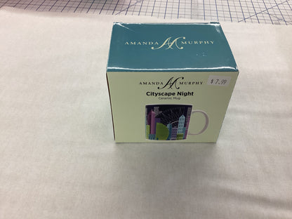 Cityscape Night Ceramic Mug - Black background with purple, green & blue buildings