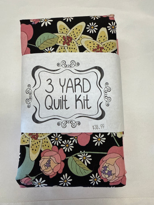 3 yard quilt kit-pink and yellow floral black background
