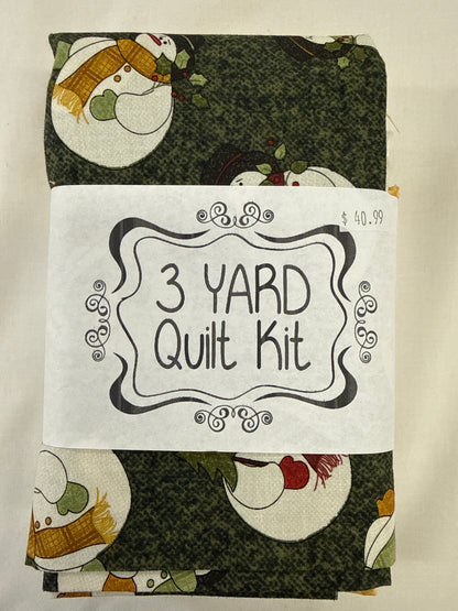 3 yard quilt kit Christmas green, gold, cream background snowman