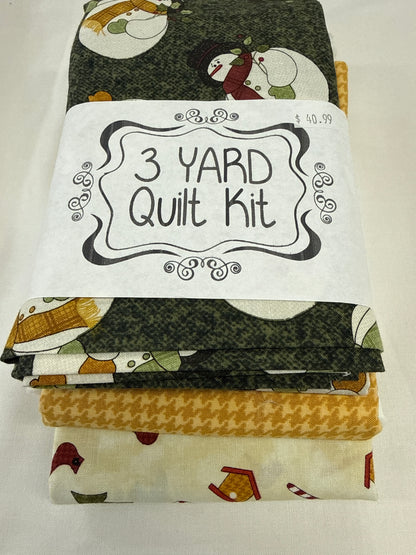 3 yard quilt kit Christmas green, gold, cream background snowman