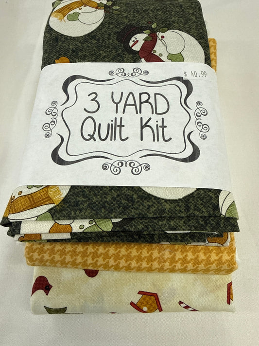 3 yard quilt kit Christmas green, gold, cream background snowman