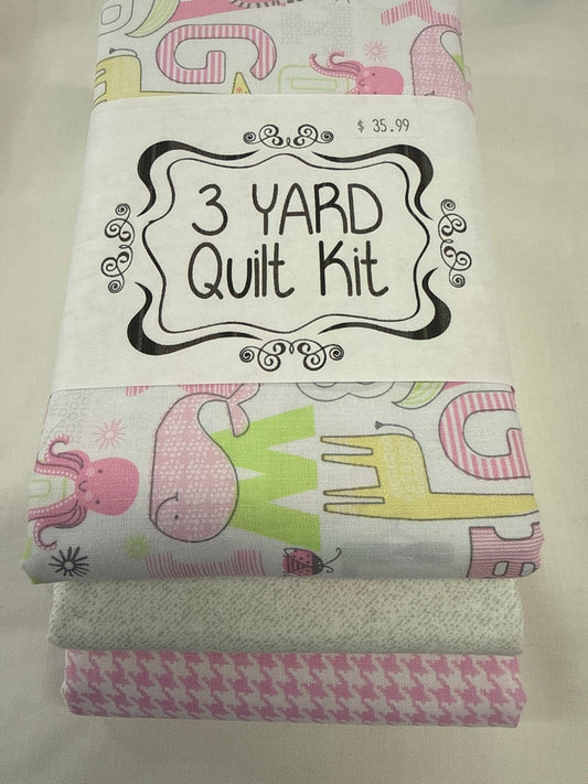 3 yard quilt kit, kids alphabet pink and gray with pink houndstooth