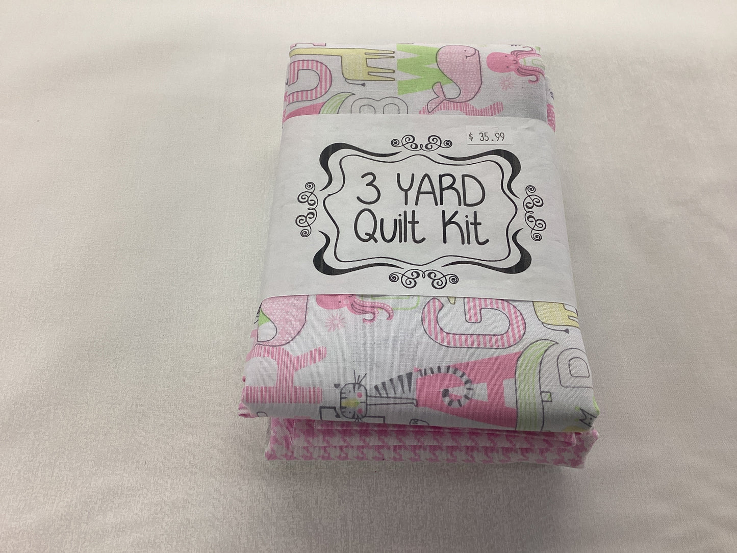 3 yard quilt kit - White background, playful alphabet in pink,green and yellow