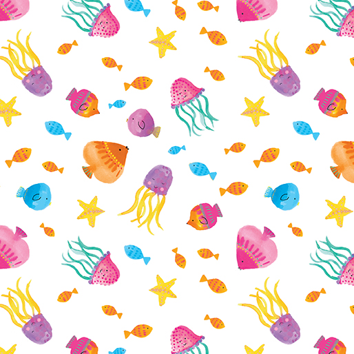 Benartex Swim With Me Tropical Fish White Fabric