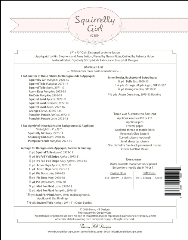 Squirrelly Girl Bunny Hill Designs Applique pattern