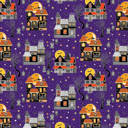 Benartex Haunted Houses Purple Glow-O-Ween Cotton Fabric